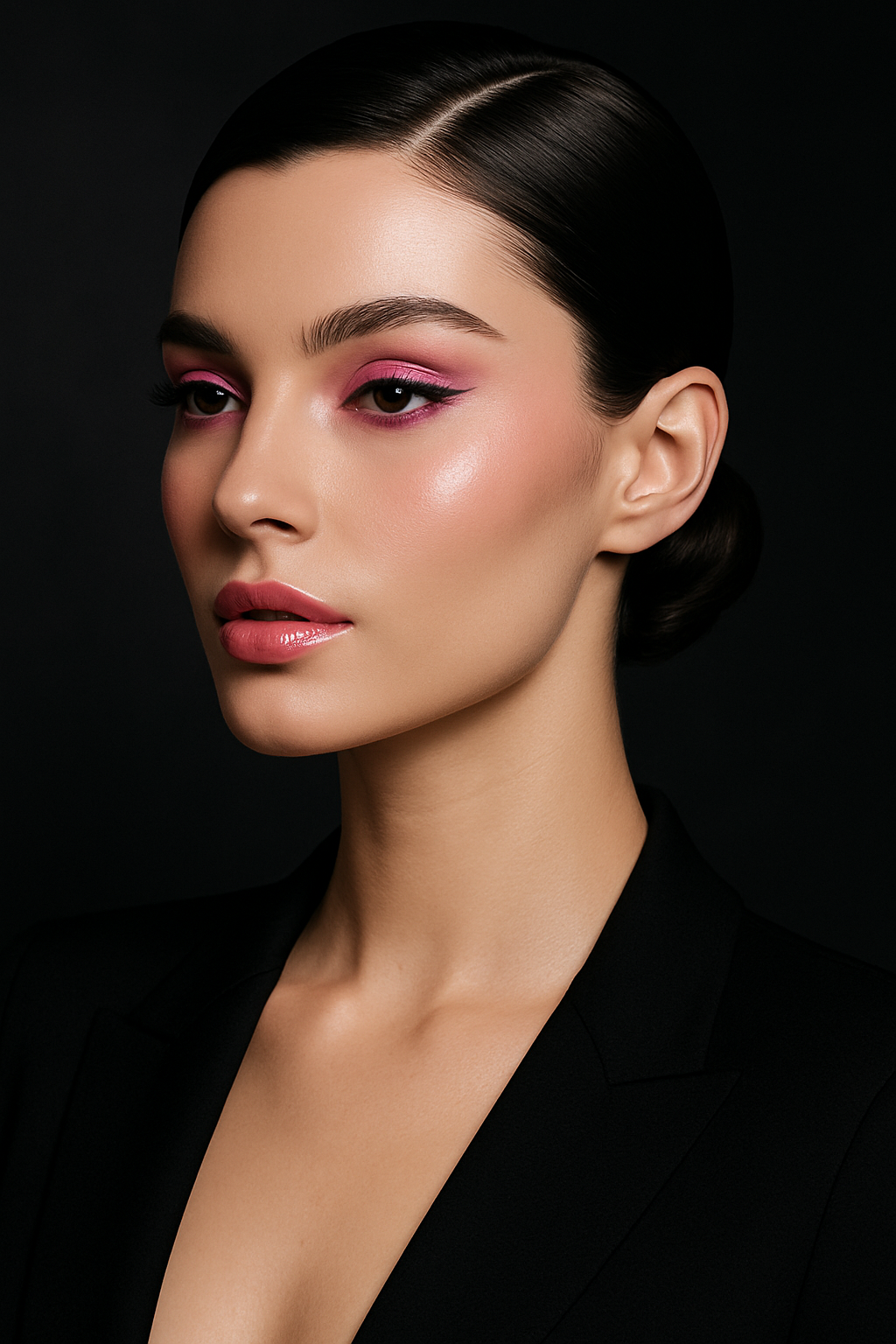 Elegant beauty portrait with sleek hair styling and luminous skin