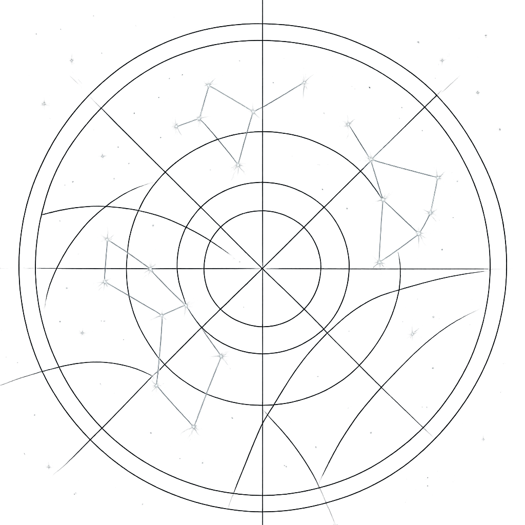 Scientific star-map style astronomy illustration with constellation lines, coordinate circles, telescope-view geometry, and labeled light paths on a dark night-sky background
