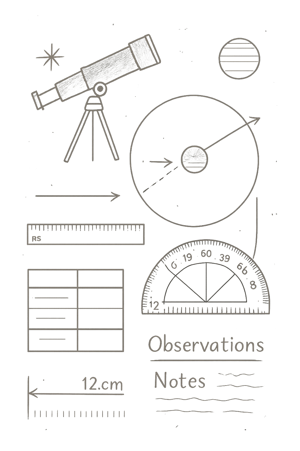 Educational science activity board with student hands-on experiment diagram, ruler marks, orbit sketch lines, data notes, and simple space observation symbols