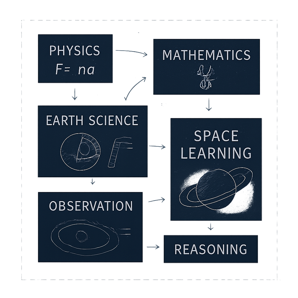 Notebook-style science foundations diagram connecting physics, mathematics, earth science, engineering, observation, and reasoning to space learning with arrows, orbital sketches, and labeled concept layers