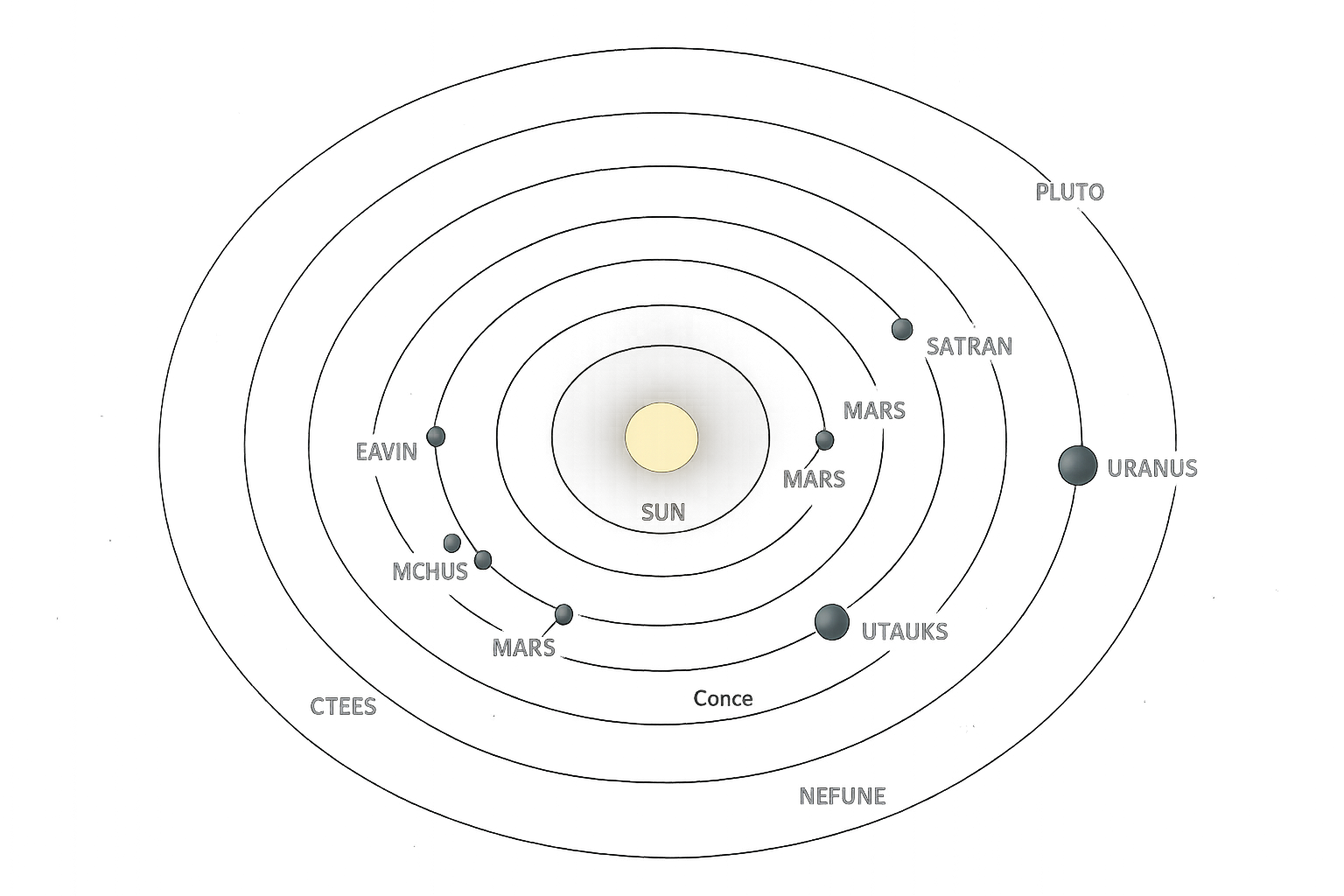 Educational solar-system diagram with the Sun at center, orbital paths, and labeled planet markers