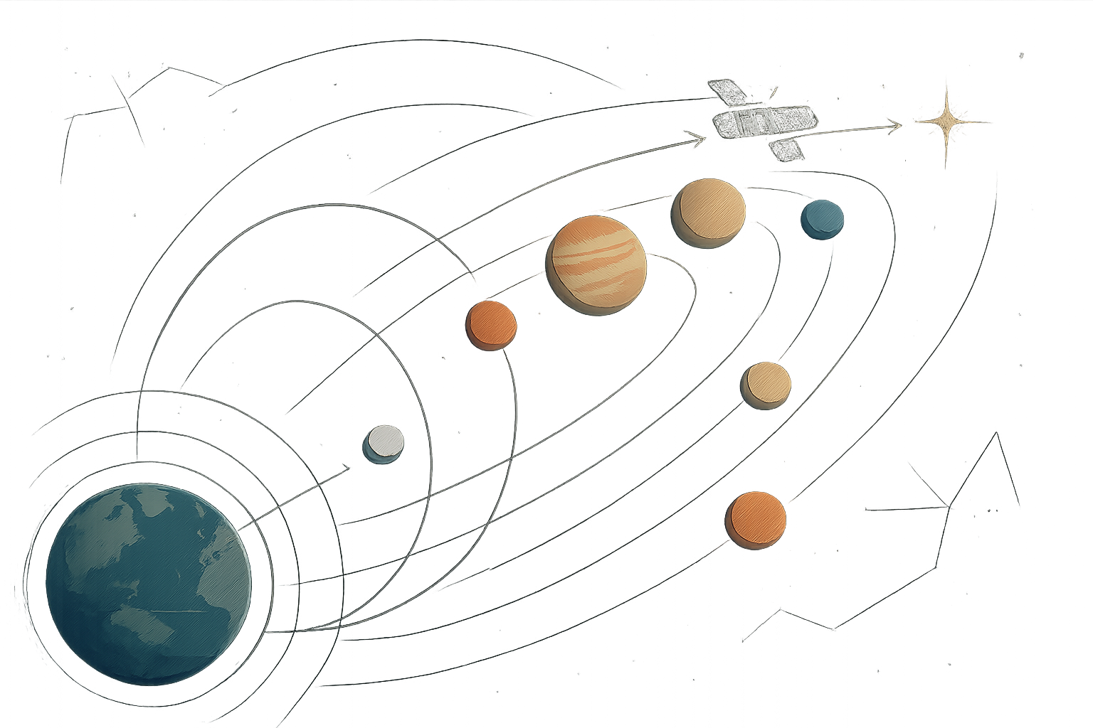Scientific educational illustration showing spacecraft pathways from Earth orbit to lunar, planetary, and deep-space routes with orbital geometry over a starfield