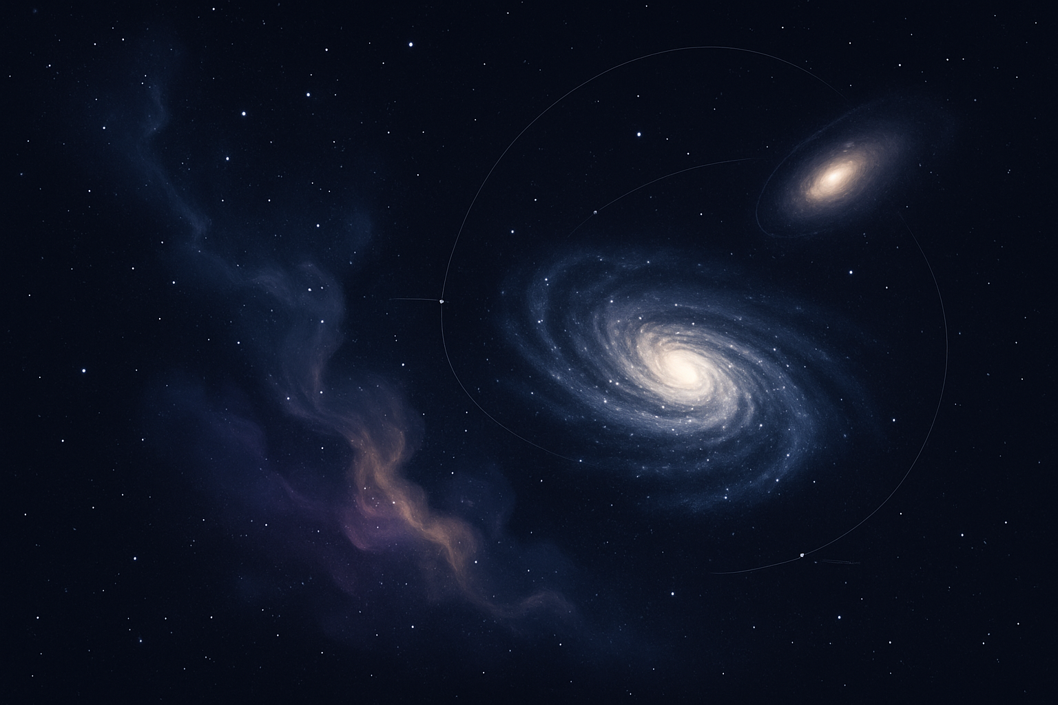Educational deep-space illustration showing spiral and elliptical galaxies, glowing nebula clouds, and visual distance cues across star fields