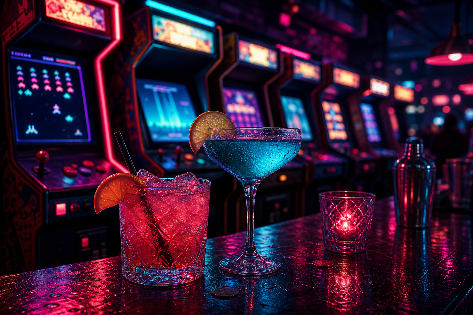 Close-up retro arcade bar scene with neon cabinet glow, detailed cocktails on the counter, and textured nightlife ambience