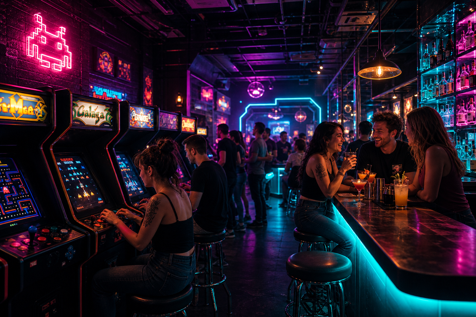 Neon-lit retro arcade bar interior with glowing game machines, cocktail bar details, and people enjoying the nightlife atmosphere