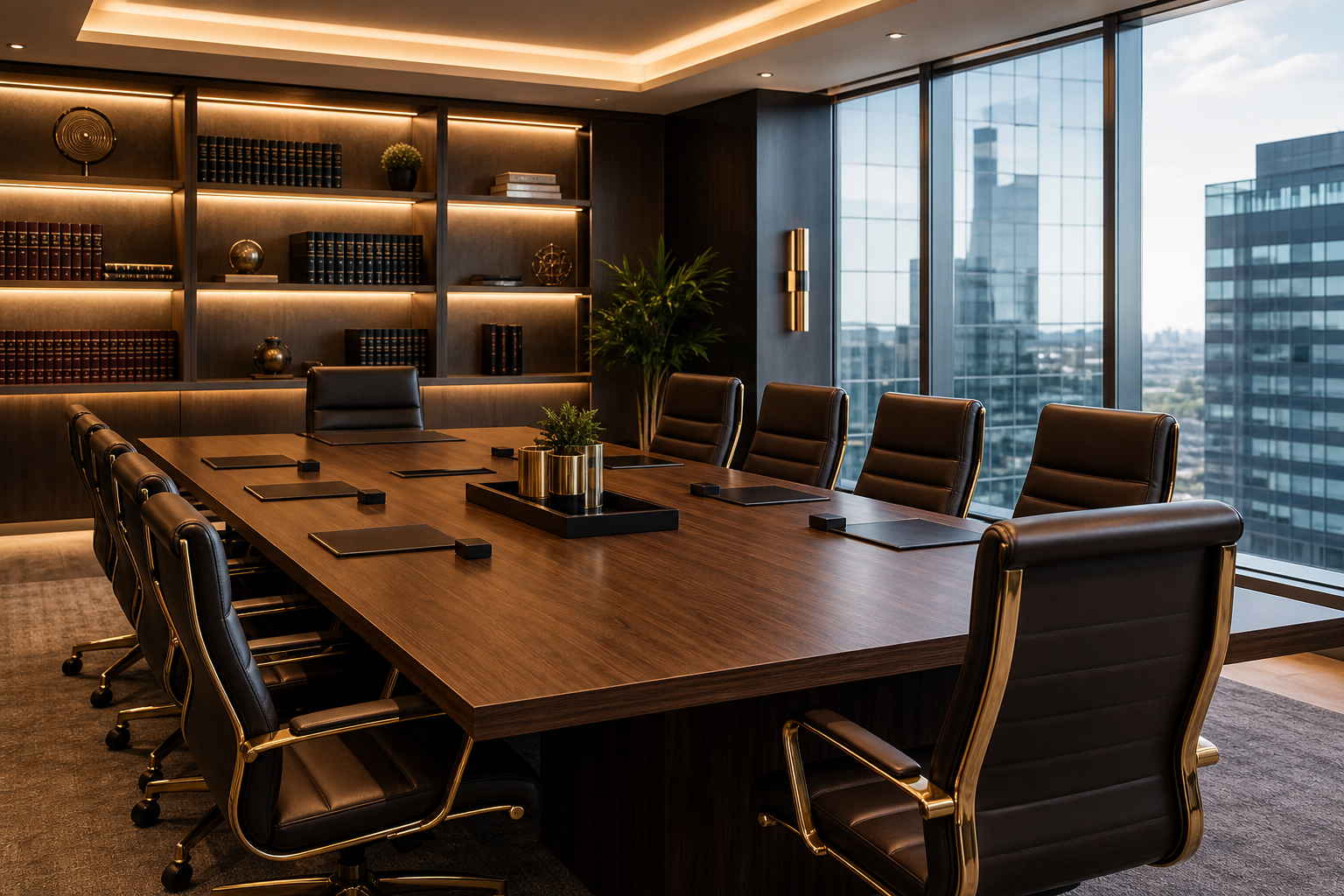 Sala de reuniões executiva em escritório de advocacia premium com mesa de madeira nobre, cadeiras estofadas e iluminação suave