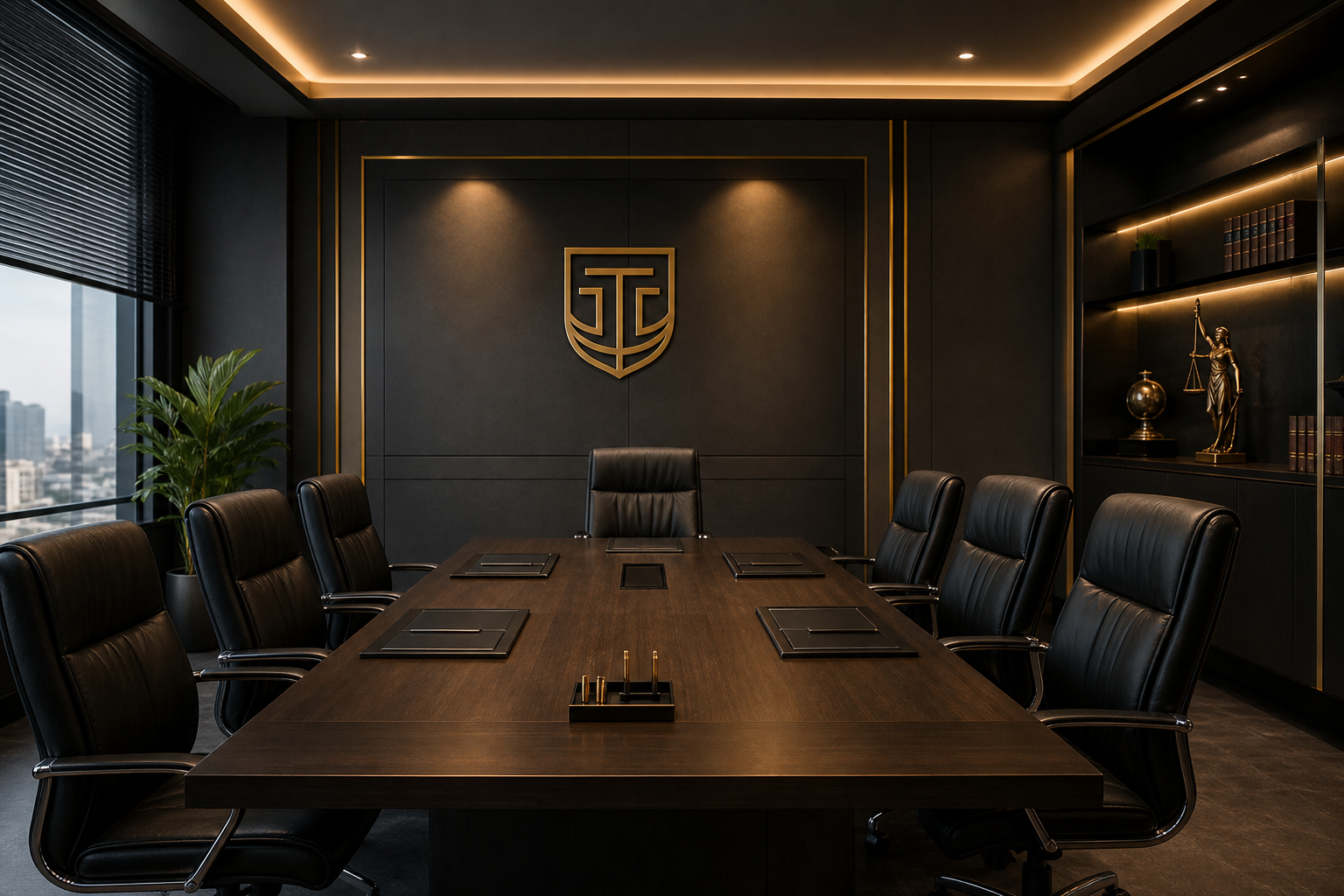 Sala de reuniões corporativa em escritório de advocacia brasileiro, com mesa de madeira escura, cadeiras executivas em couro e iluminação elegante