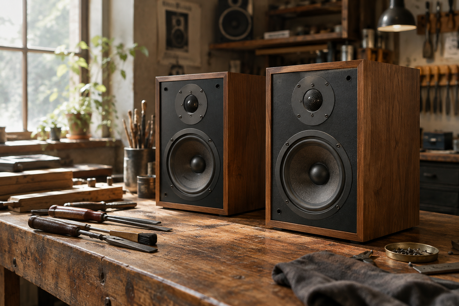 Refined workshop scene with restored vintage speakers on a timber bench, hand tools, and warm natural light
