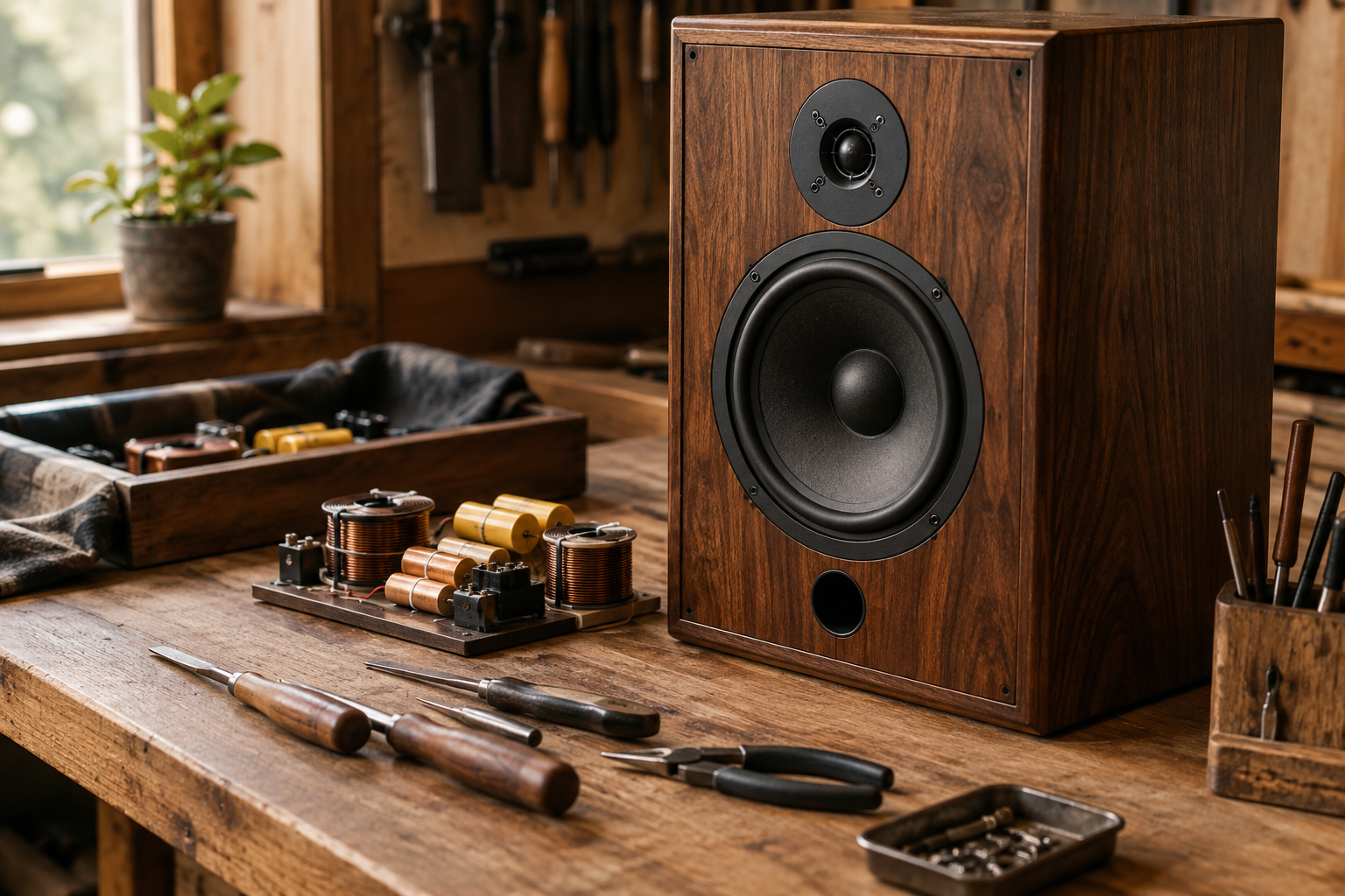Close-up workshop composition showing restored vintage speaker veneer, hand tools, and crossover components arranged on a wooden bench