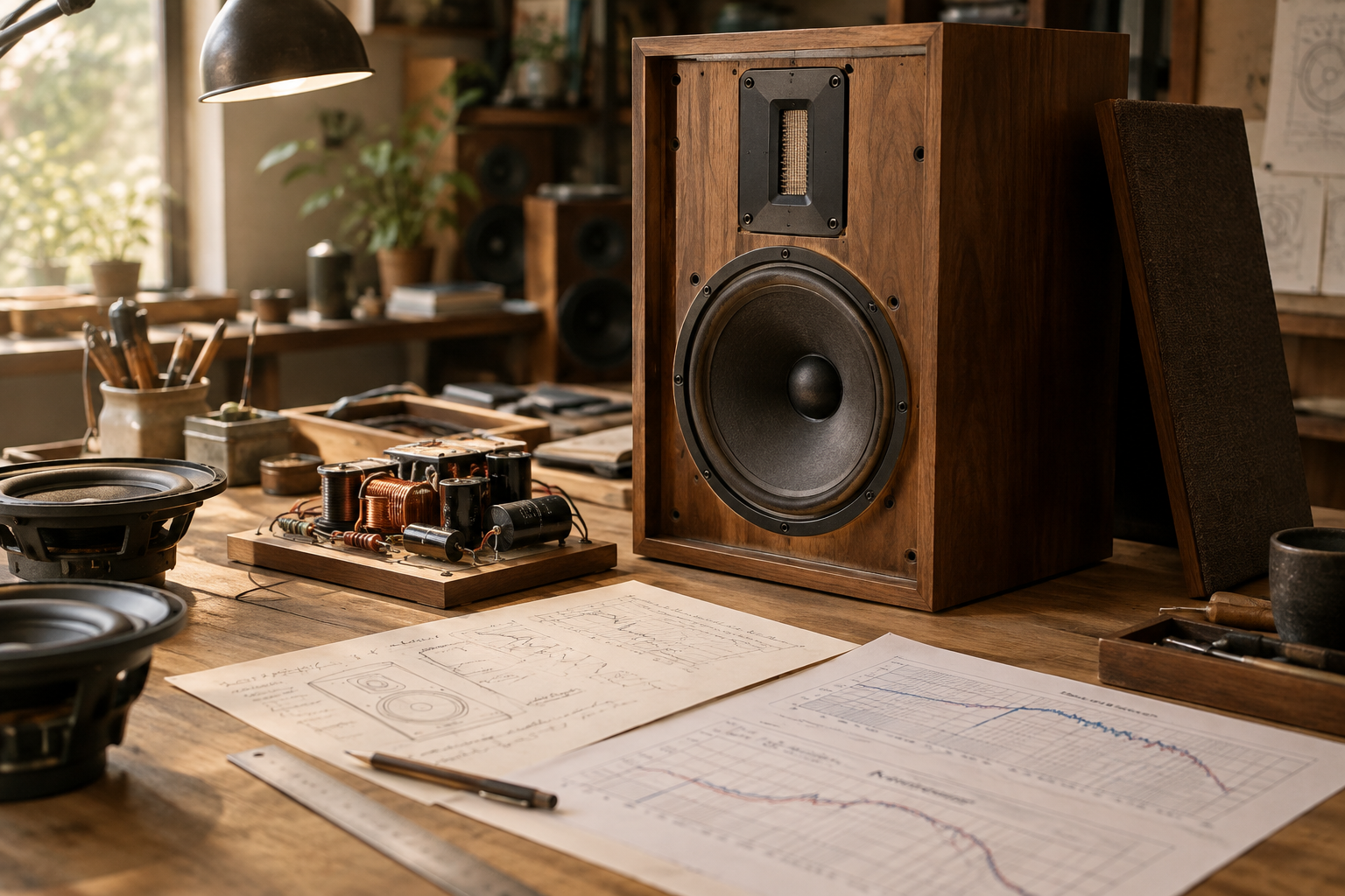 Warmly lit speaker workbench with crossover diagram notes, frequency response printouts, and a partially restored vintage loudspeaker cabinet