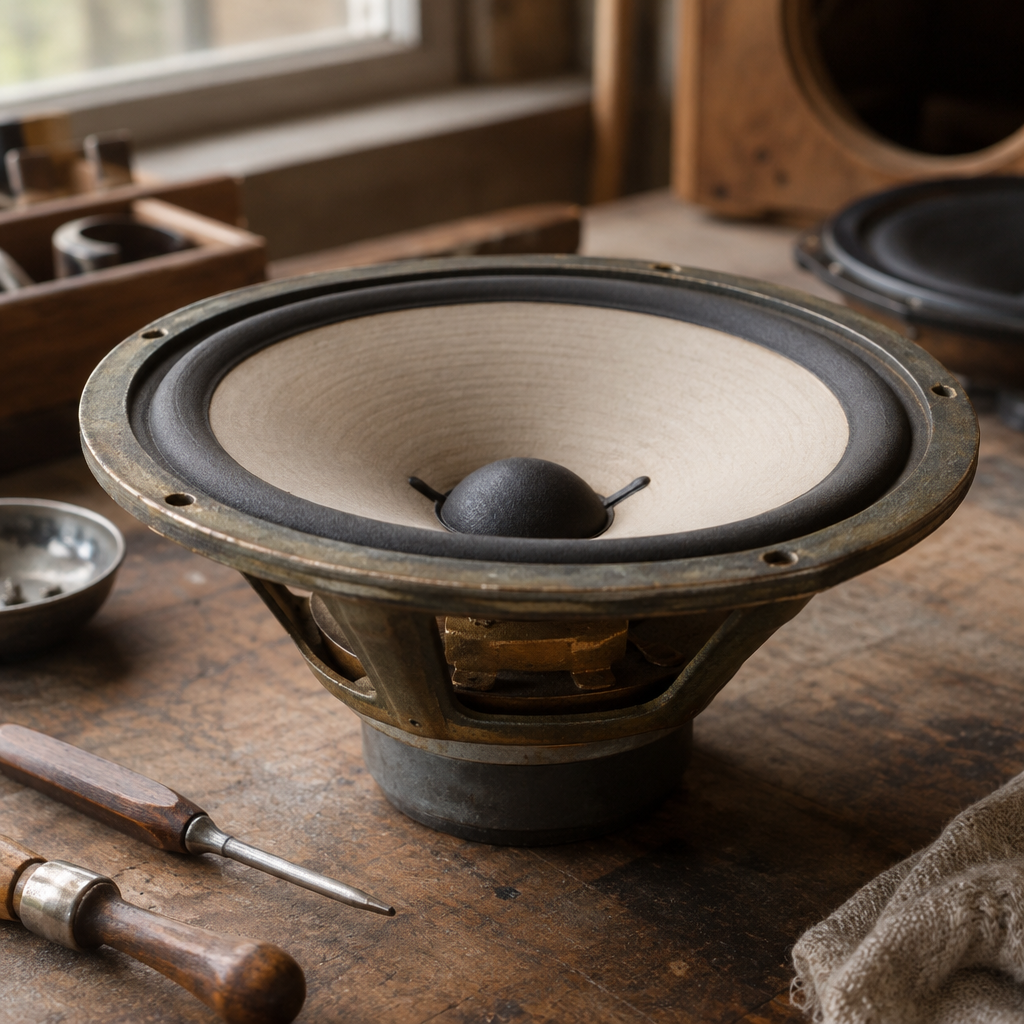 Close-up of a restored vintage speaker driver with cleaned cone, renewed surround, and careful hand assembly