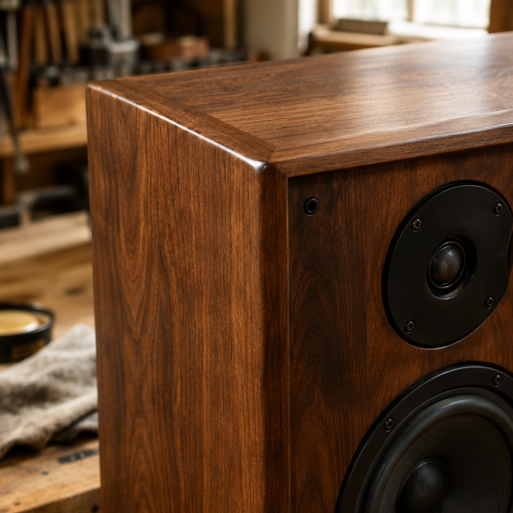 Detailed view of hand-finished walnut speaker cabinet grain with restored edges and satin sheen
