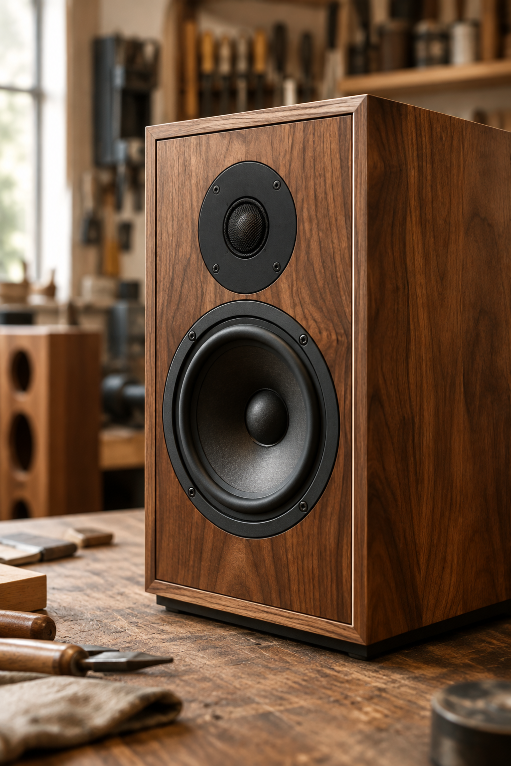 Close-up workshop detail of handcrafted loudspeaker cabinet veneer and driver surround under warm bench light