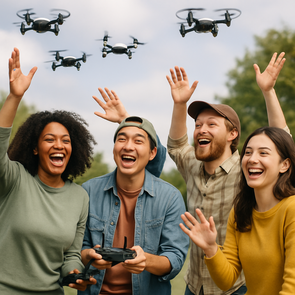 Group of hobbyists laughing and launching mini drones together