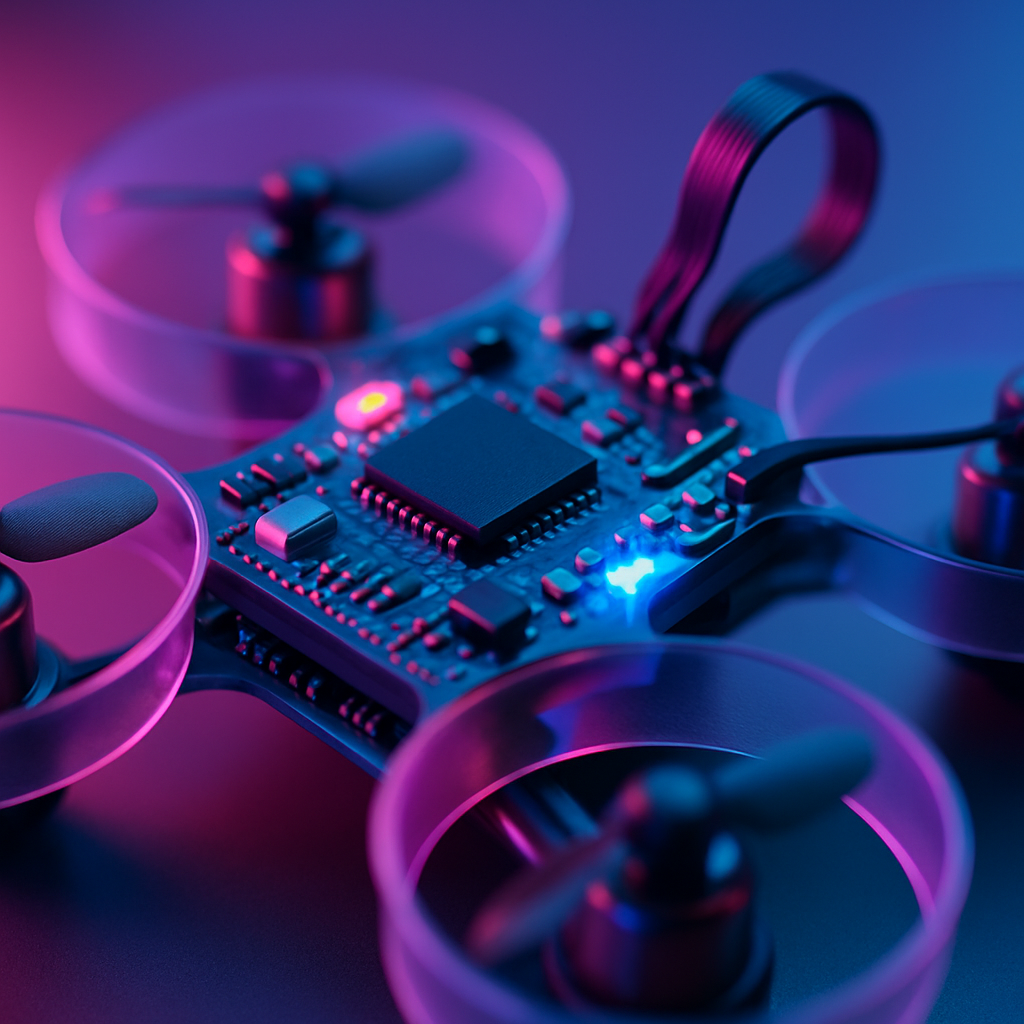 Techy drone circuit board with colorful LEDs