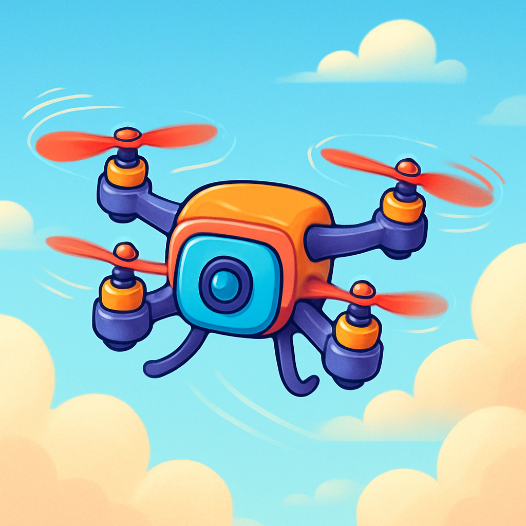 Playful mini drone flying above clouds, illustrative and energetic style