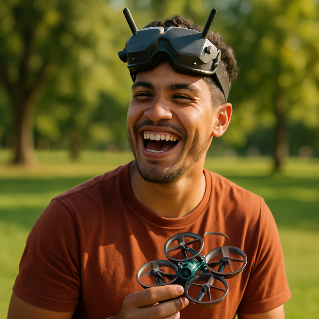 Diego outdoors with FPV goggles, laughing