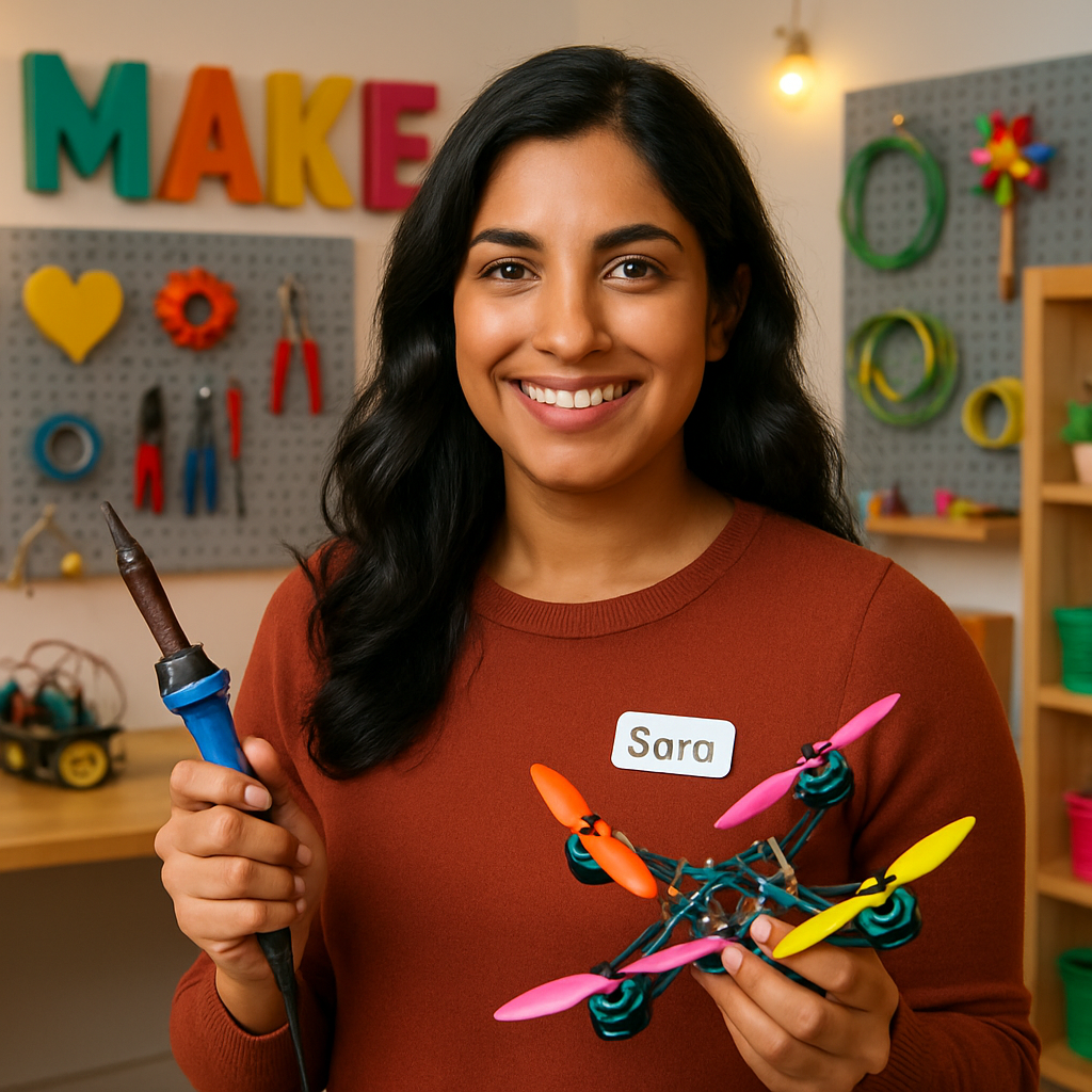 Sara smiling, holding a soldering tool and drone components