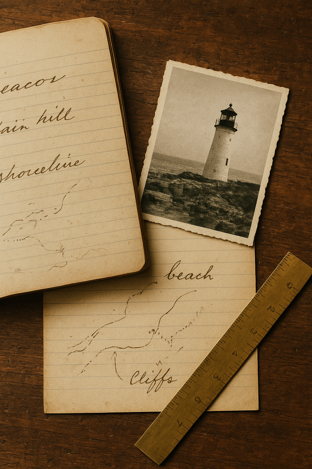 Archival lighthouse field notes and a weathered shoreline photograph laid on a wooden table