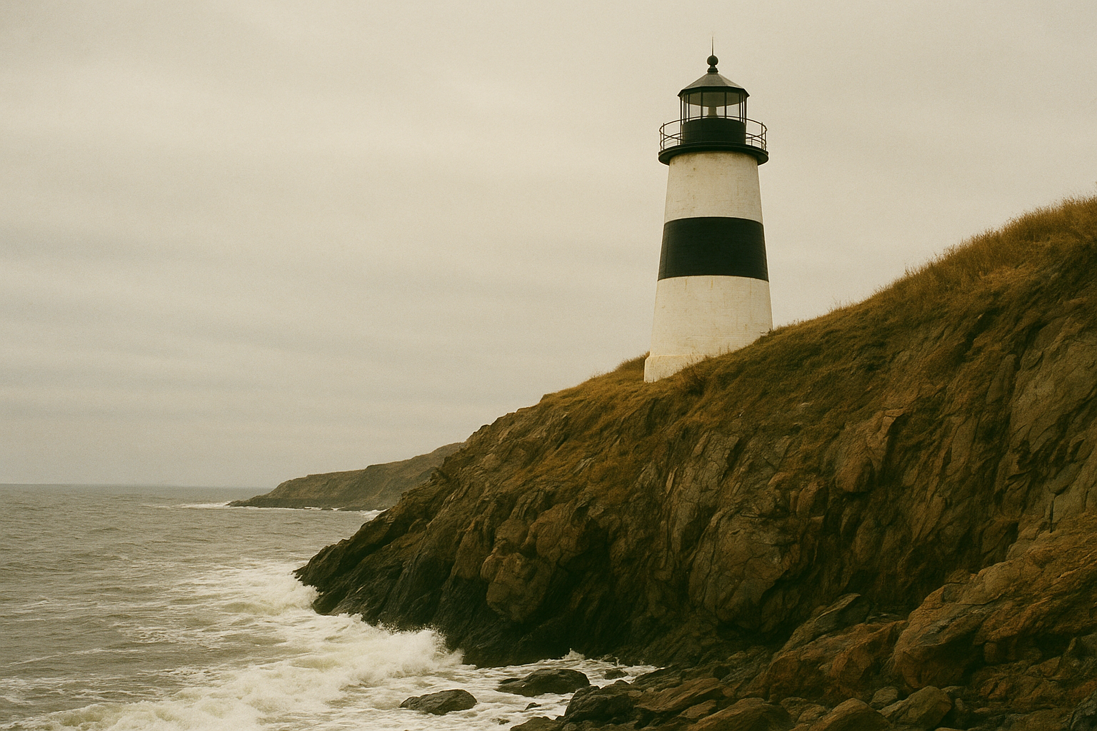 Brindle Point Light beside wind-cut cliffs and surf