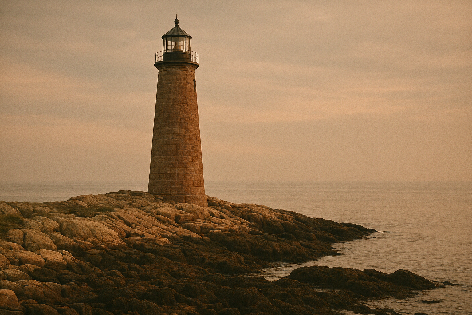 Cape Alder Beacon lighthouse on a rocky point at dusk
