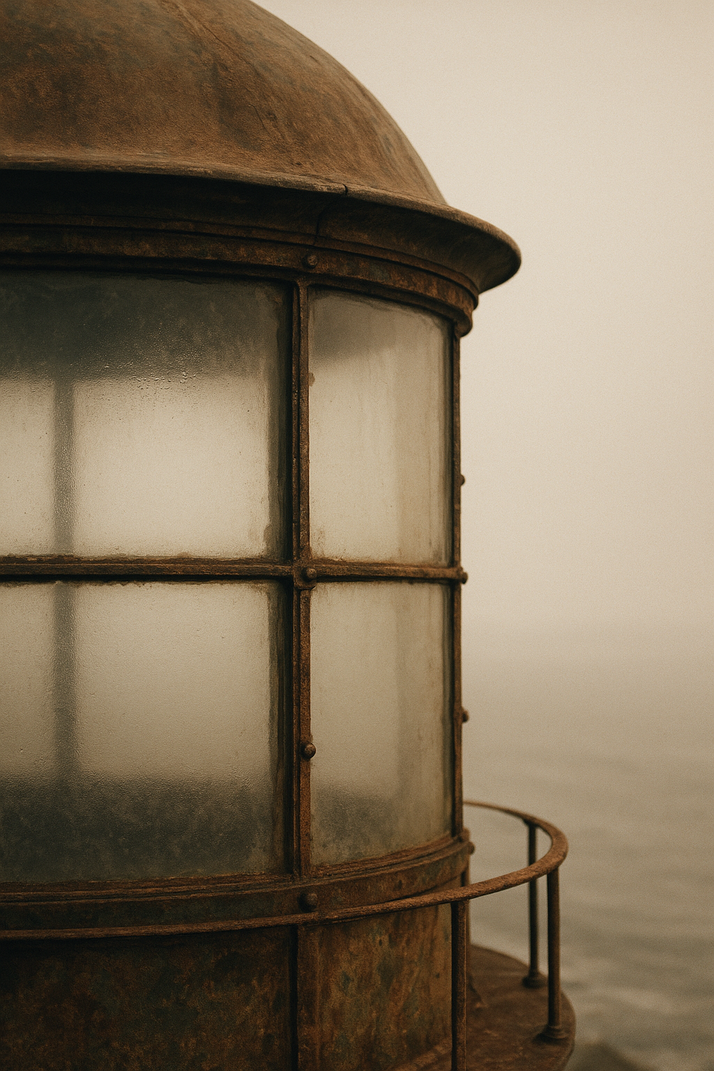 Warm archival photograph of worn lighthouse lantern glass and weathered metal framing with sea haze in the background