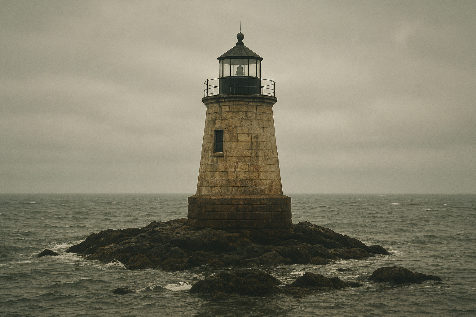 Hollow Reef Lantern on low offshore rocks under overcast sky