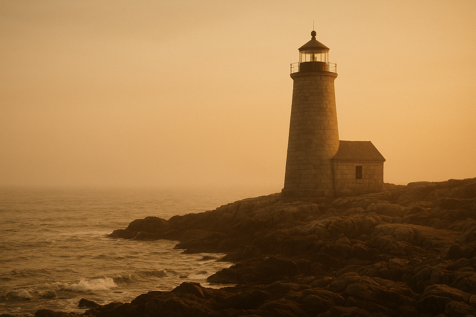 Northern coast lighthouse tower in warm low light with weathered stone walls, sea haze, and archival film character