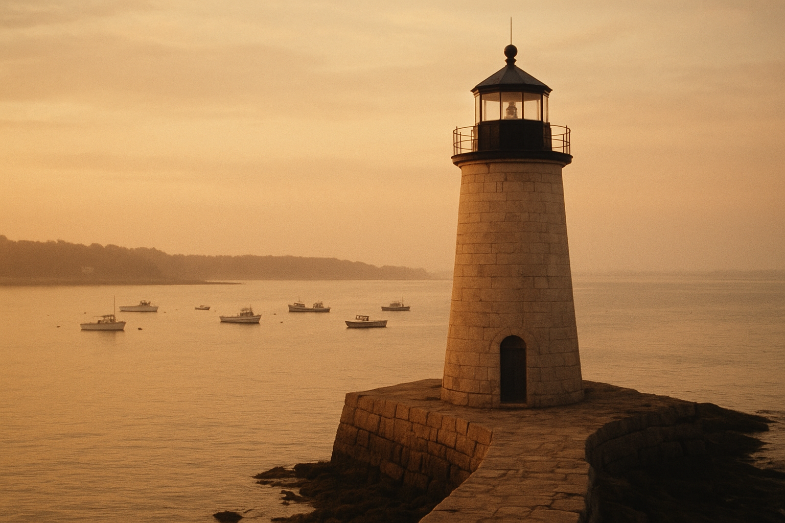 Northwatch Signal Light overlooking a sheltered harbor at dawn