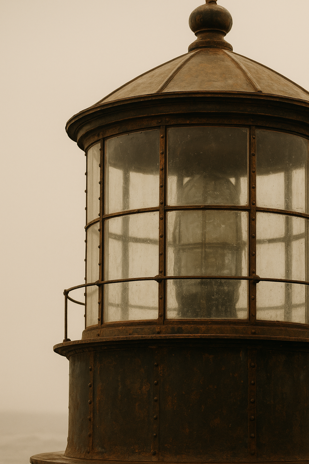 Close crop of a lantern room with aged brass fittings, salt haze on glass, and riveted framing