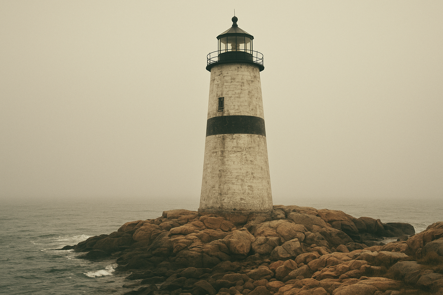 Tall granite lighthouse with weather-streaked white paint above dark sea rocks in soft overcast coastal light