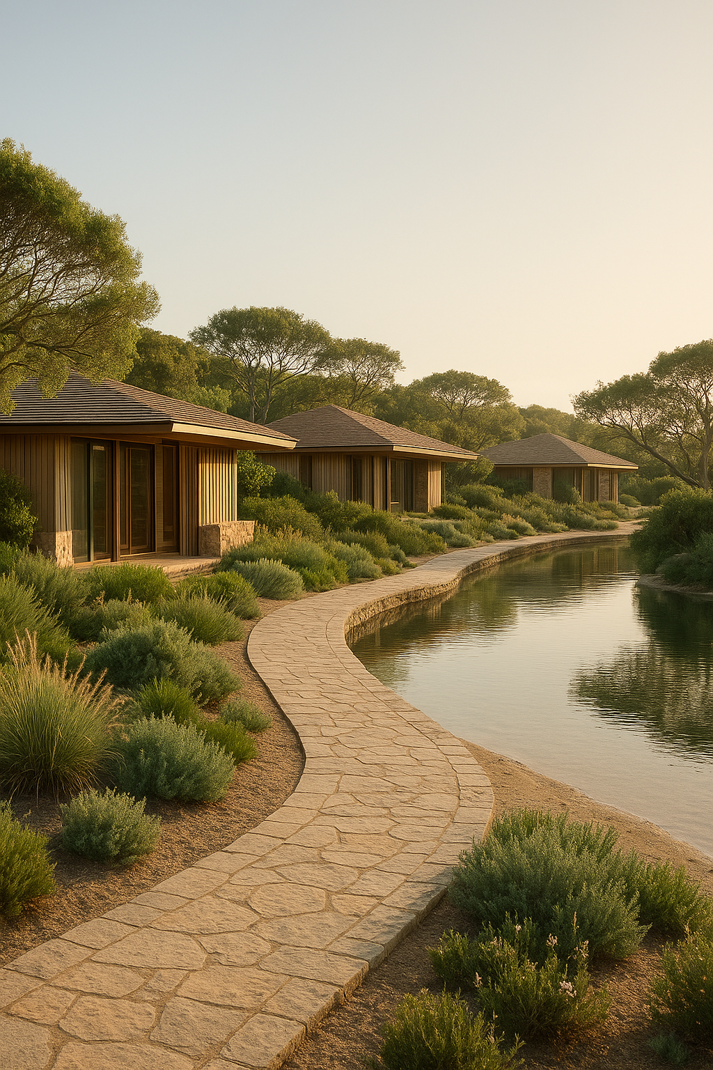 Refined eco-resort architecture with timber facades, stone paths, and lush coastal greenery in soft morning light