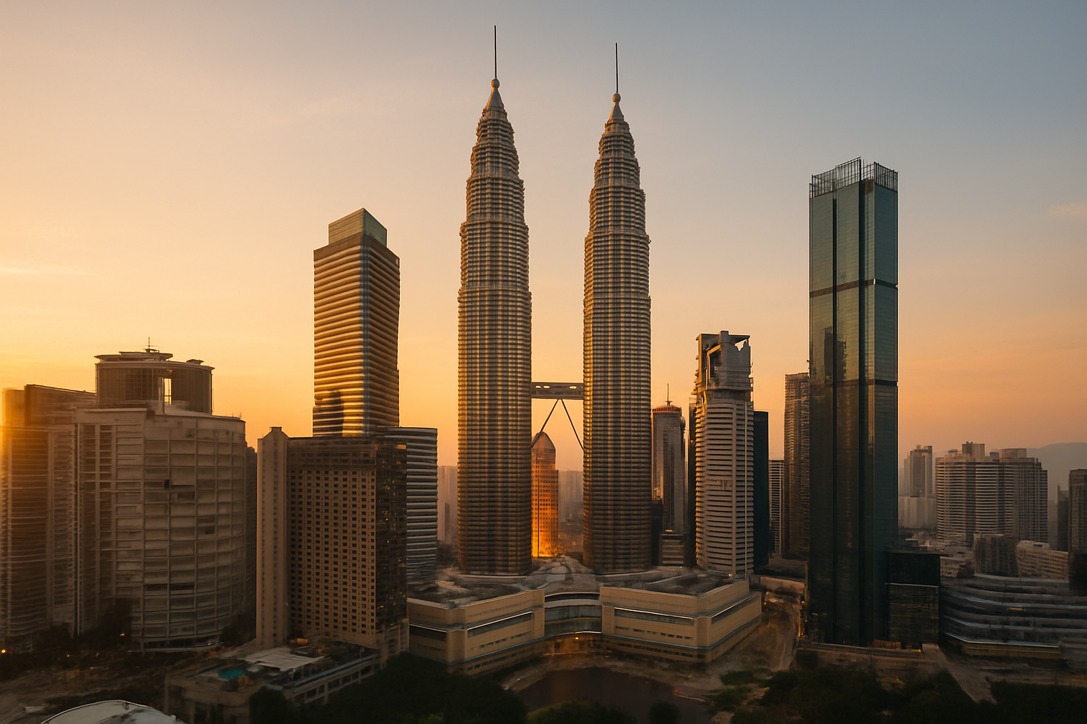 Modern Kuala Lumpur skyline at sunset with Petronas Towers and warm city lights