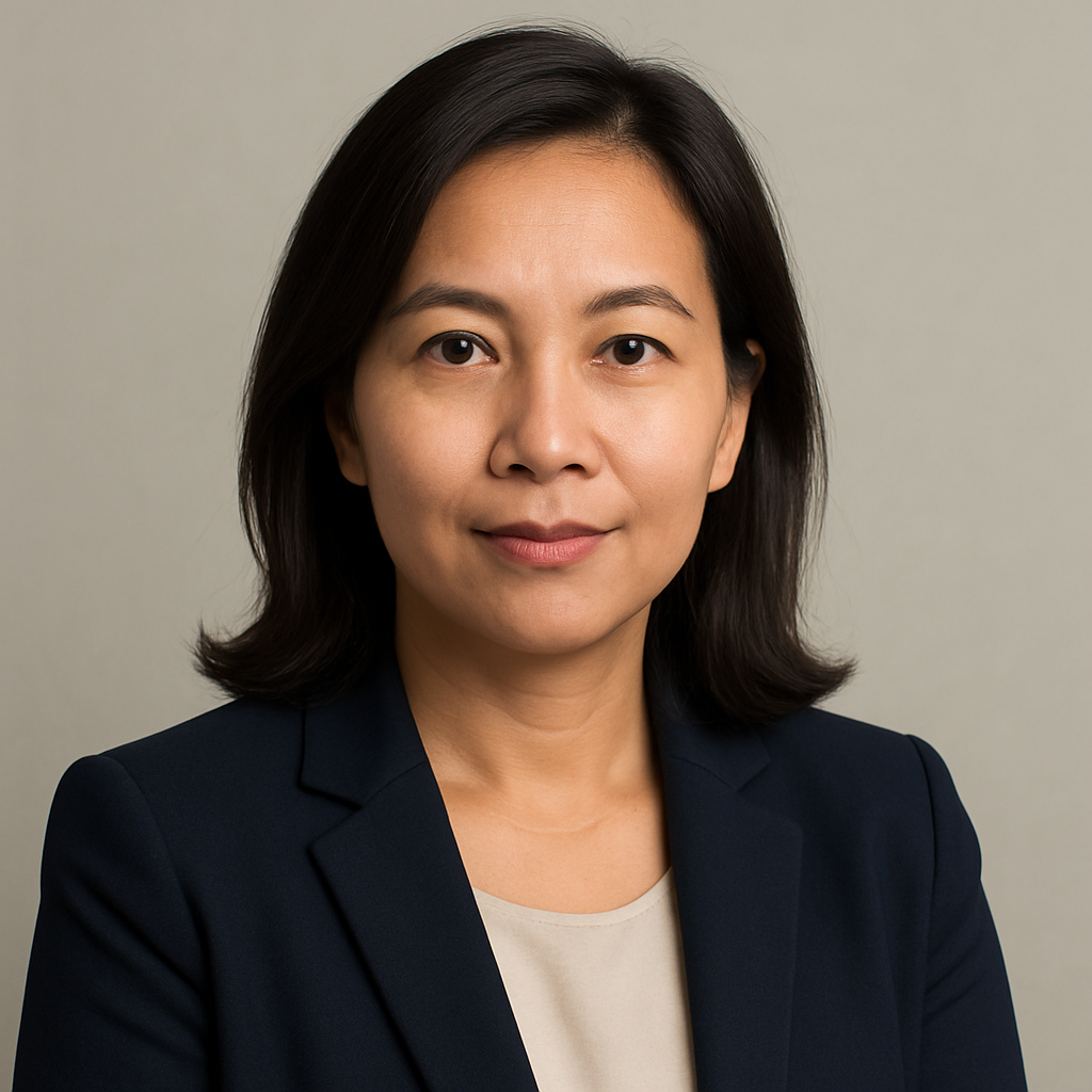 Portrait of a Malaysian woman in her early 40s with shoulder-length dark hair, wearing a navy blazer and a calm professional expression.