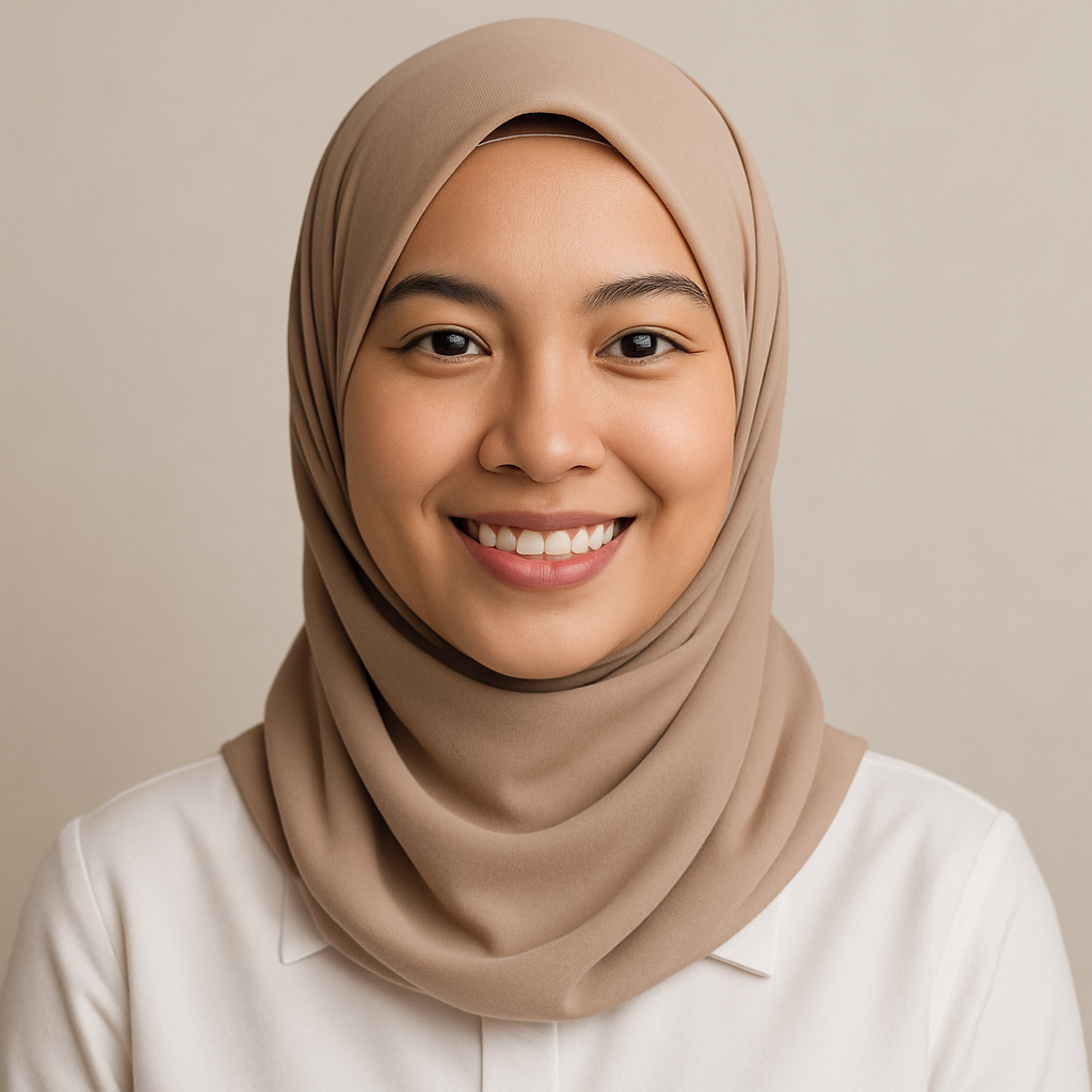 Portrait of a Malaysian woman in her late 20s wearing a beige hijab and a white blouse, smiling warmly.