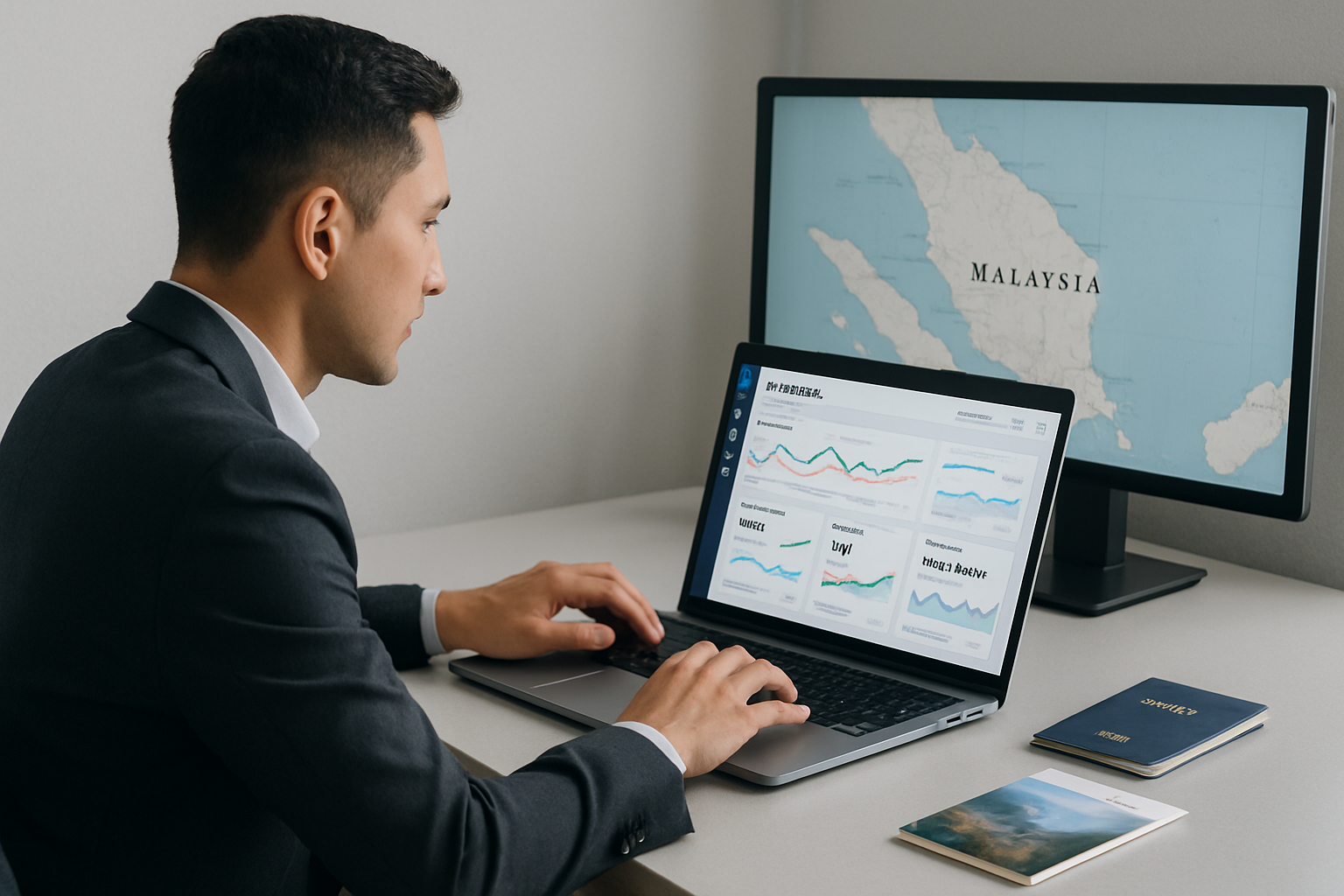 Marketing strategist reviewing a Facebook ads dashboard with travel campaign charts and a Malaysia destination map