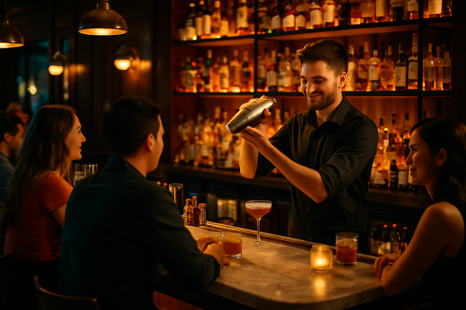 Lively cocktail bar with a marble counter, amber backlighting, and a bartender shaking drinks