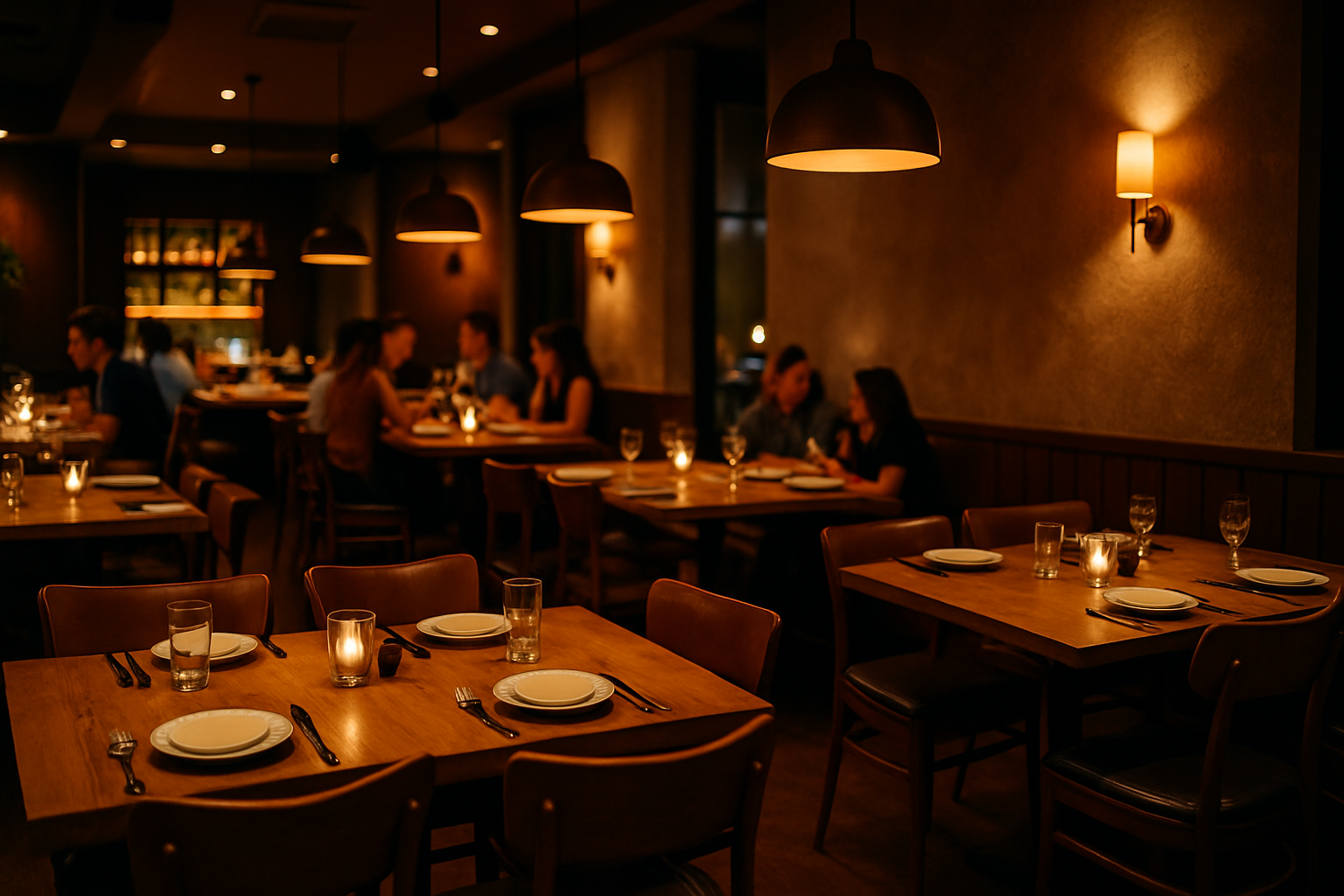 Warm modern dining room with wooden tables, soft pendant lighting, and guests enjoying an evening meal