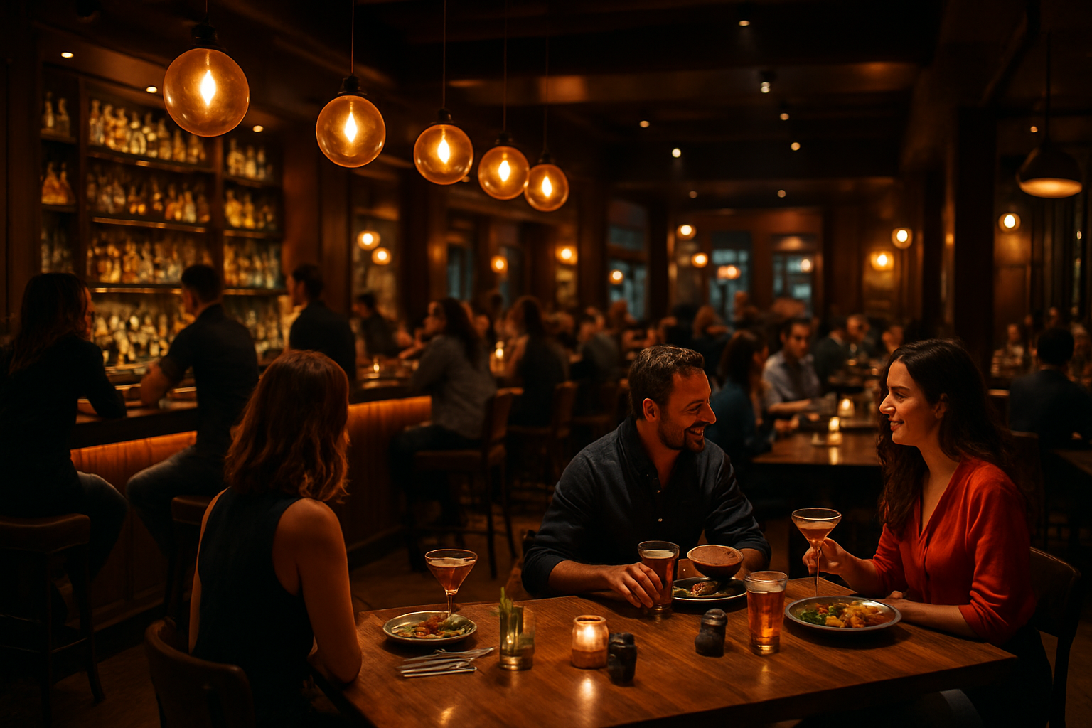Warm, energetic hospitality venue interior with glowing pendant lights, a lively bar counter, and guests dining in a modern, inviting atmosphere