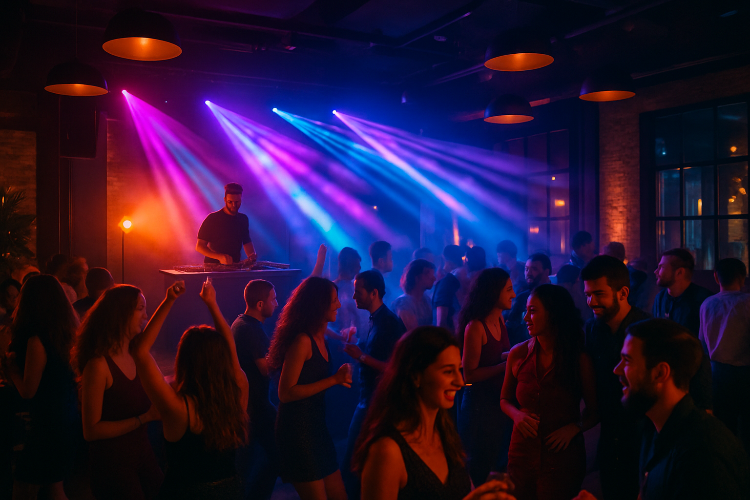 Energetic nightlife event with a small stage, colorful lighting, and guests dancing and socializing