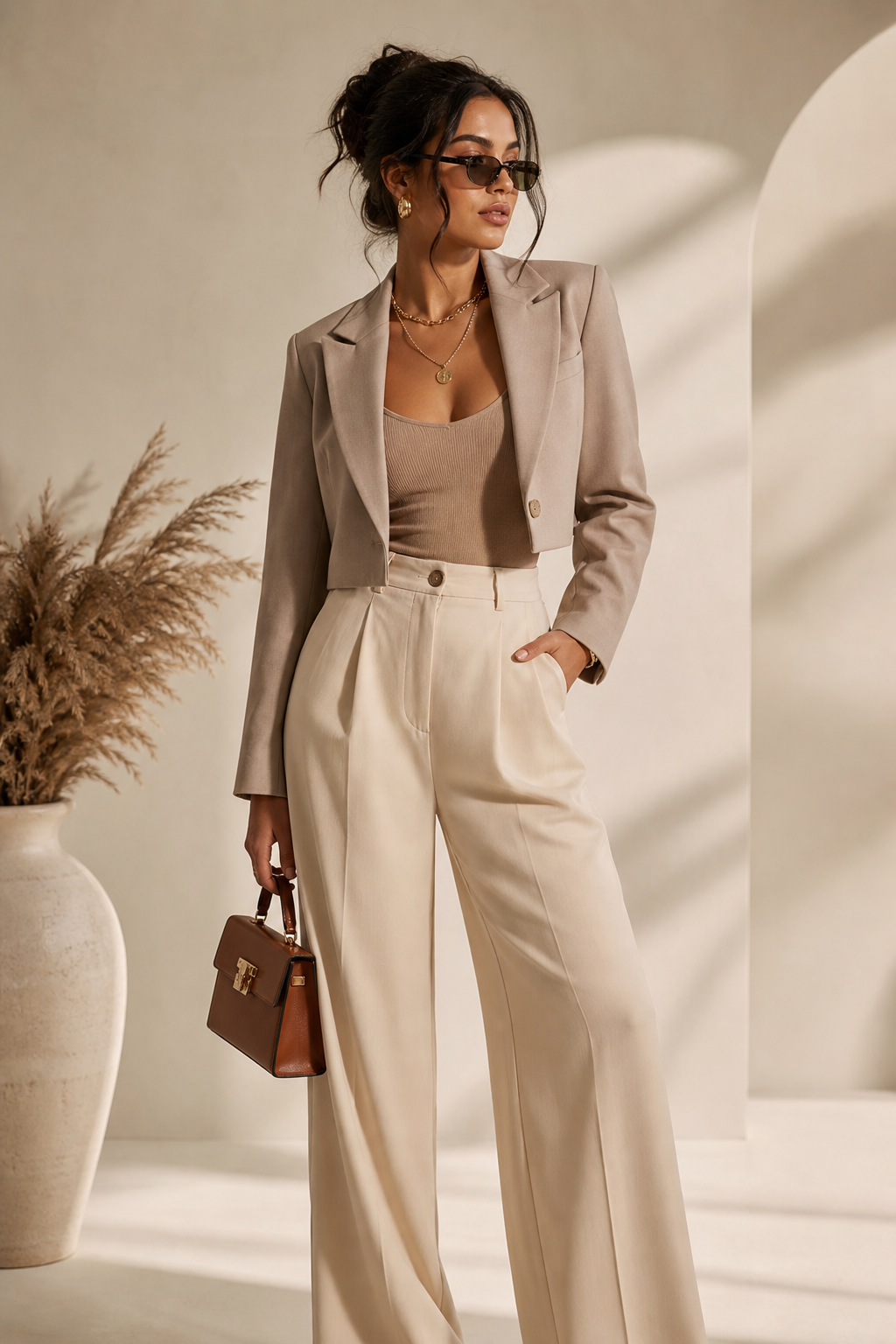 Woman in a chic everyday boutique outfit featuring a cropped blazer, fitted tank, high-waist trousers, and layered gold accessories in a soft studio setting