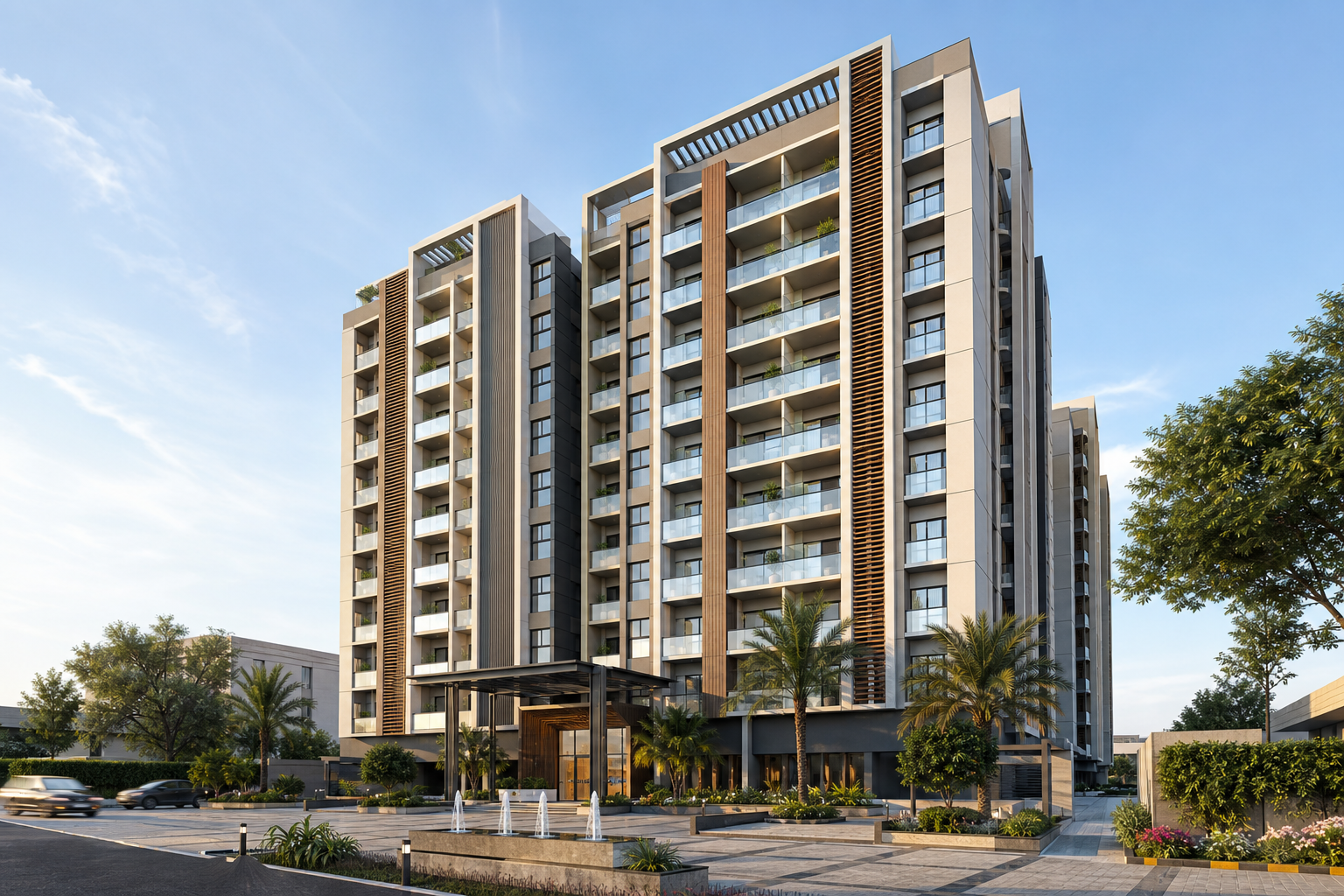Al Rehman Residency exterior with a modern mid-rise apartment facade and landscaped entry