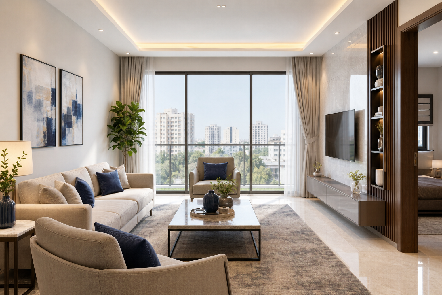 Bright apartment living room with modern finishes, large windows, and warm neutral decor