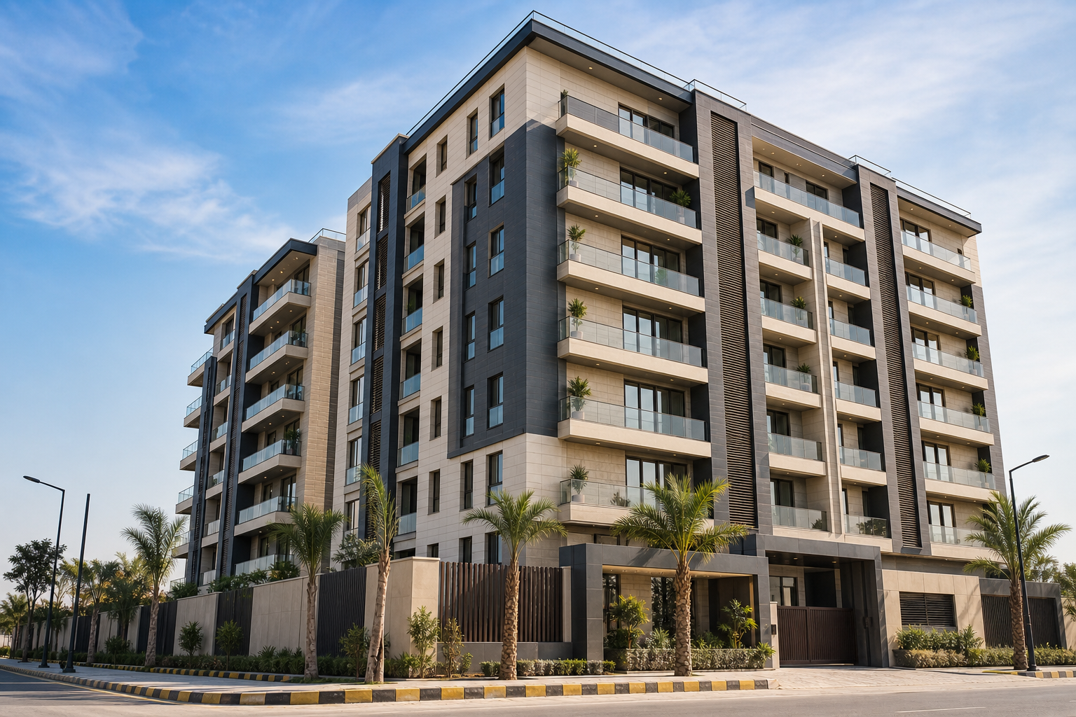Contemporary mid-rise apartment building with clean balconies and landscaped entry representing Al Rehman Residency