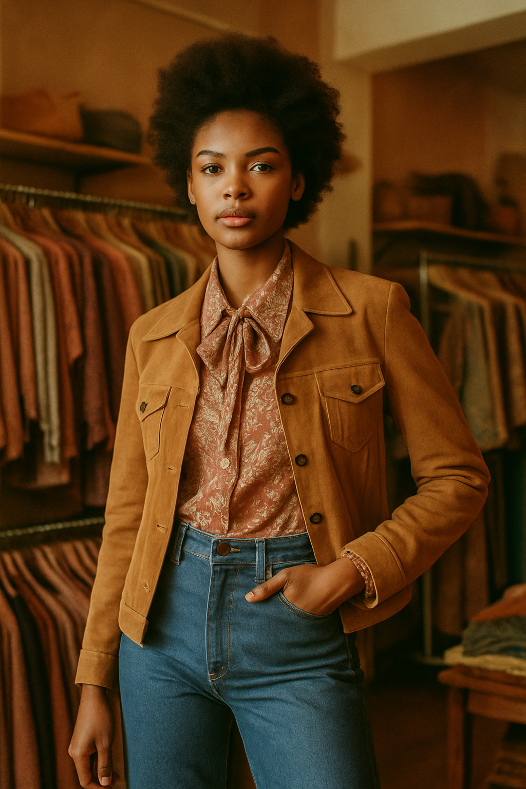 Model in a retro 70s inspired outfit with vintage layers and warm boutique lighting