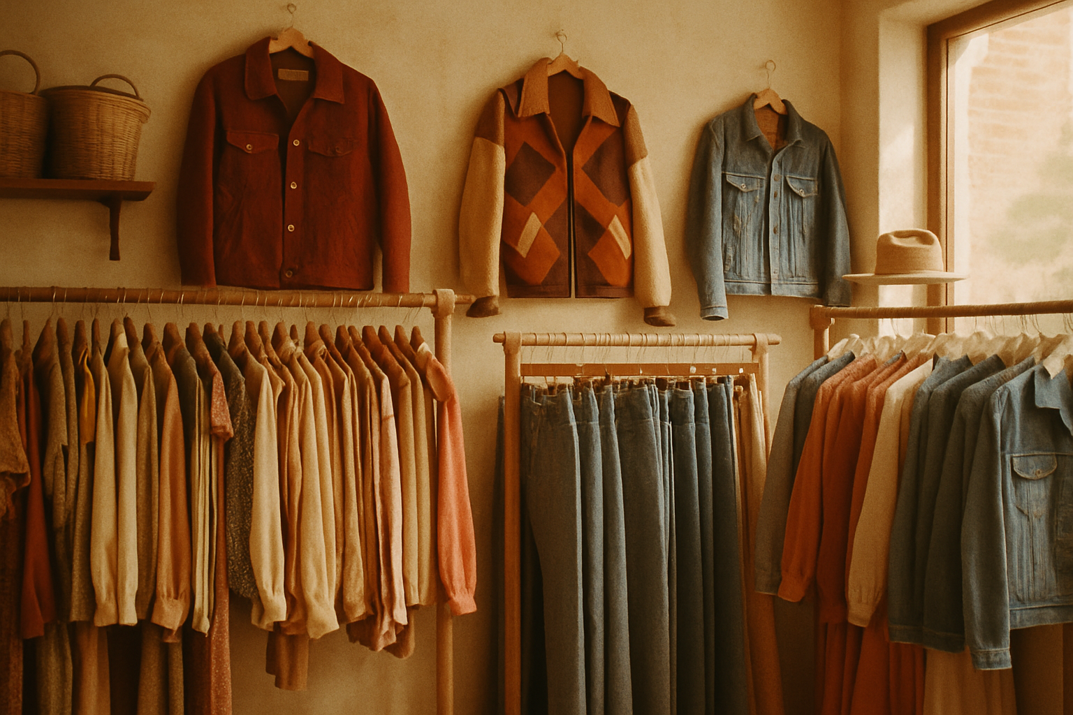 Warm-toned vintage boutique scene with curated 70s and 80s clothing racks