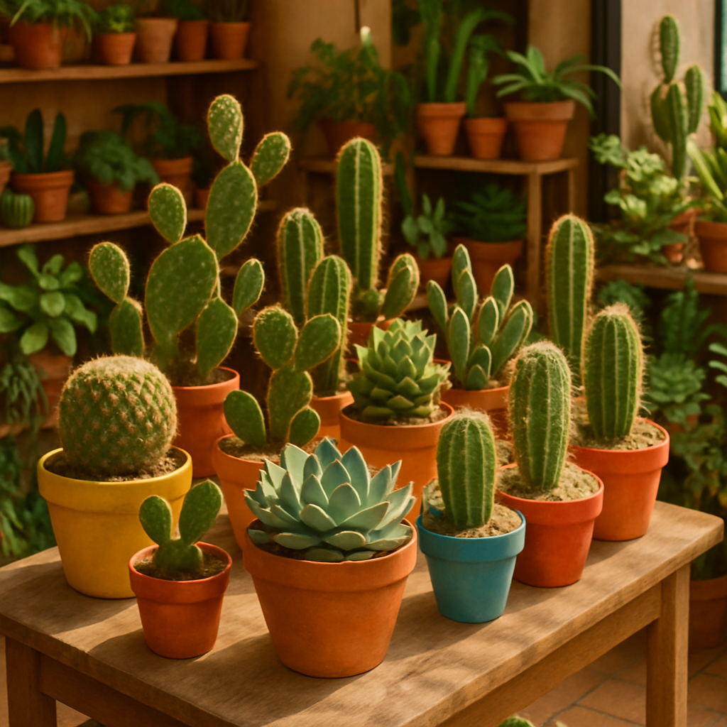 A variety of healthy cacti in colorful pots on display inside the shop