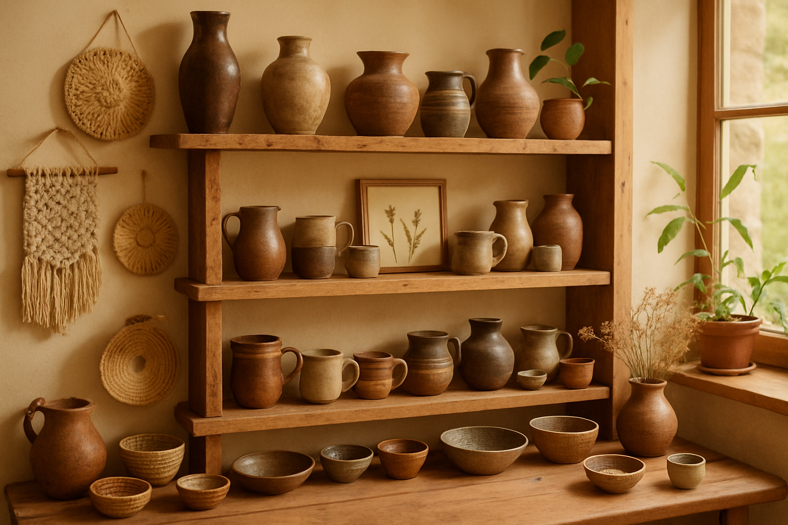 Handmade crafts and pottery displayed on shelves inside Multifarious