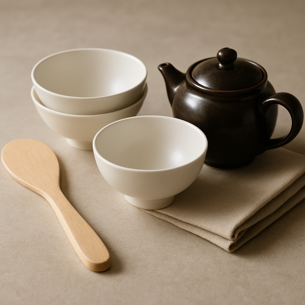 白磁のボウルと木製しゃもじ、艶のある急須を並べた日本の上質なキッチン用品