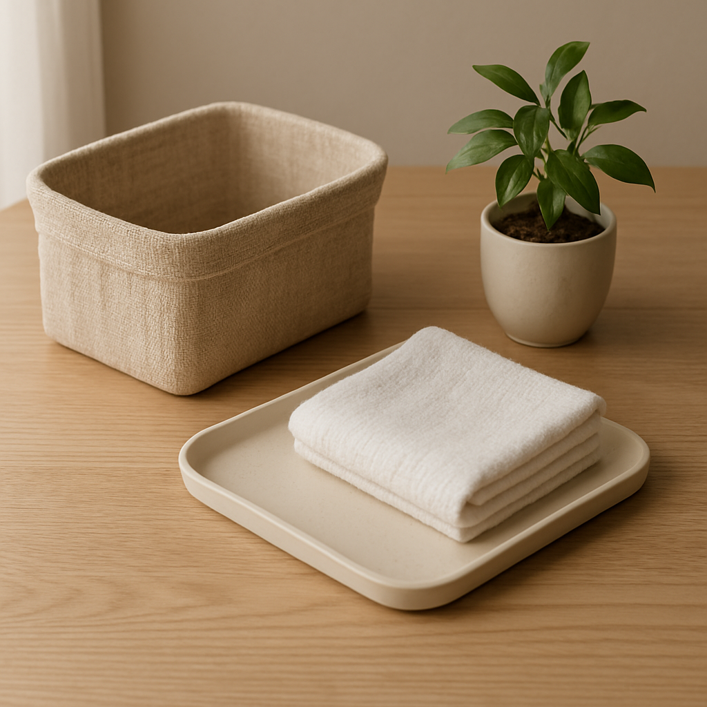 木目のテーブルにリネンの収納かごと陶器トレー、観葉植物を合わせた日本の上質な生活雑貨